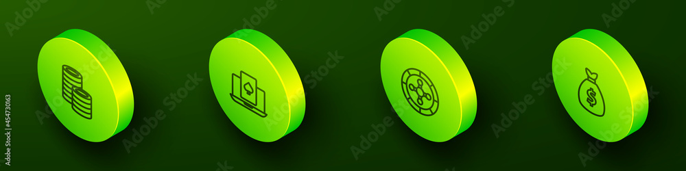 Set Isometric line Casino chips, Online poker table game, roulette wheel and Money bag icon. Vector Set Isometric line Casino chips, Online poker table game, roulette wheel and Money bag icon. Vector
