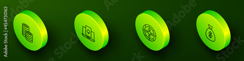 Set Isometric line Casino chips, Online poker table game, roulette wheel and Money bag icon. Vector