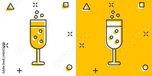 Champagne glass icon in comic style. Alcohol drink vector cartoon illustration on white isolated background. Cocktail splash effect business concept.