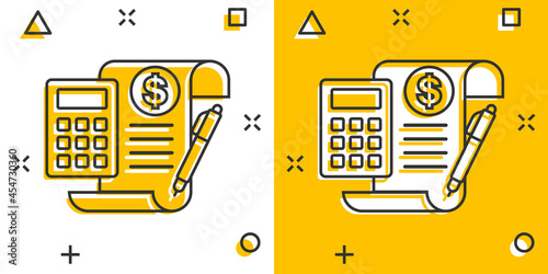 Money calculation icon in comic style. Budget banking vector cartoon illustration on white isolated background. Financial payment splash effect business concept.