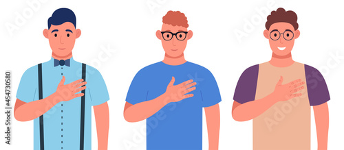 Three different young men expresses they positive feeling to people, keep hands on chest or heart. Character set. Vector illustration.