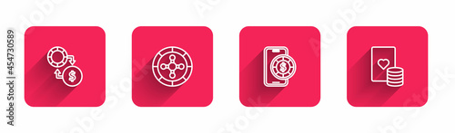 Set line Casino chips exchange on money, roulette wheel, Online poker table game and and playing cards with long shadow. Red square button. Vector