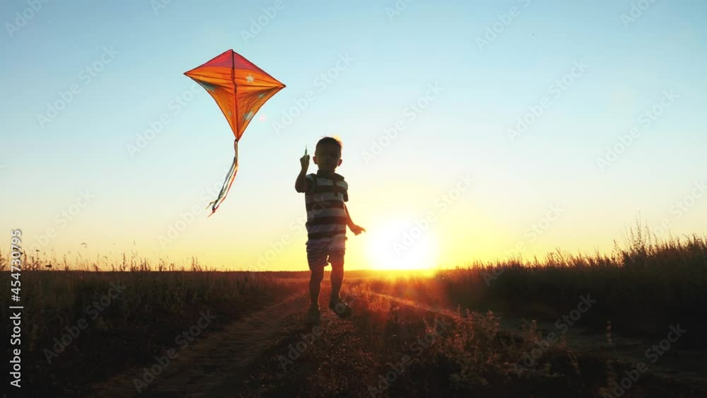 A boy playing with a kite in the meadow. Happy boy launches bright kite into sky. Lifestyle. A childhood dream.