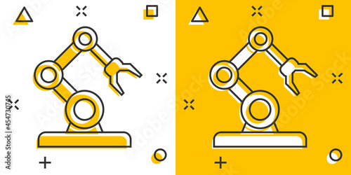 Robot arm icon in comic style. Mechanic manipulator cartoon vector illustration on white isolated background. Machine splash effect business concept.