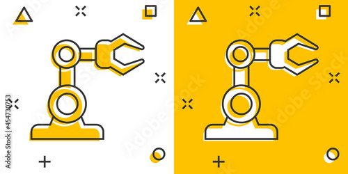 Robot arm icon in comic style. Mechanic manipulator cartoon vector illustration on white isolated background. Machine splash effect business concept.