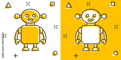 Cute robot chatbot icon in comic style. Bot operator cartoon vector illustration on white isolated background. Smart chatbot character splash effect business concept.