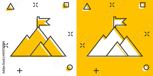 Mission champion icon in comic style. Mountain cartoon vector illustration on white isolated background. Leadership splash effect business concept.