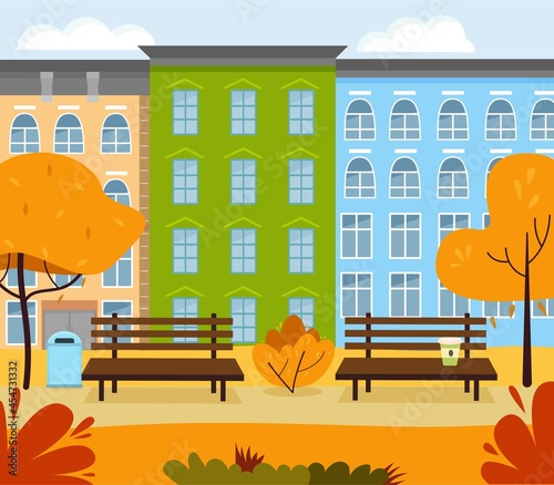 Autumn city park with a bench, trees, grass, flowers, coffee, against the background of multi-storey buildings. Vector illustration in a flat style
