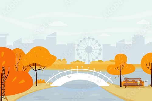 Autumn city park with a bench, trees, grass, flowers, coffee, against the background of multi-storey buildings. Vector illustration in a flat style