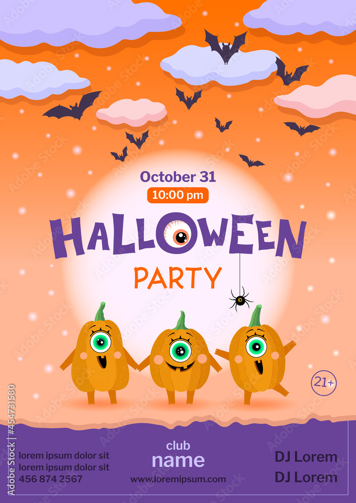 Halloween Party. Banner with pumpkin characters and bats