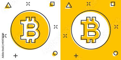 Bitcoin icon in comic style. Blockchain cartoon vector illustration on white isolated background. Cryptocurrency splash effect business concept.