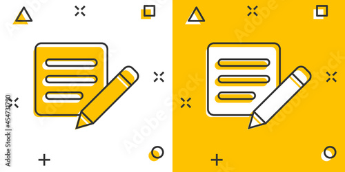 Blogging icon in comic style. Document with pen cartoon vector illustration on white isolated background. Content splash effect business concept.