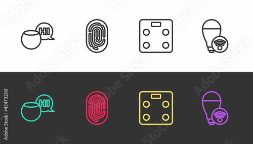 Set line Voice assistant, Fingerprint, Smart bathroom scales and light bulb on black and white. Vector