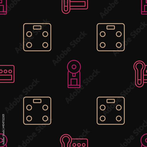 Set line Thermostat, Smart bathroom scales and coffee machine on seamless pattern. Vector