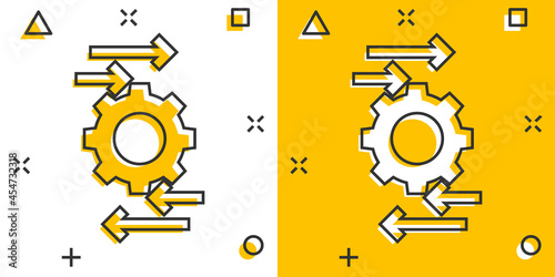 Process icon in comic style. Arrow and gear cartoon vector illustration on white isolated background. Optimization splash effect business concept.