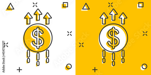 Growth arrow icon in comic style. Revenue cartoon vector illustration on white isolated background. Increase splash effect business concept.