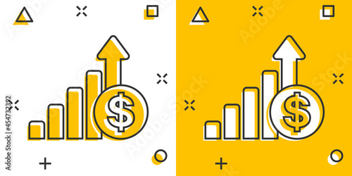 Growth arrow icon in comic style. Revenue cartoon vector illustration on white isolated background. Increase splash effect business concept.