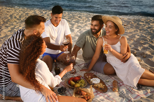 Group of friends having picnic on sandy beach near sea