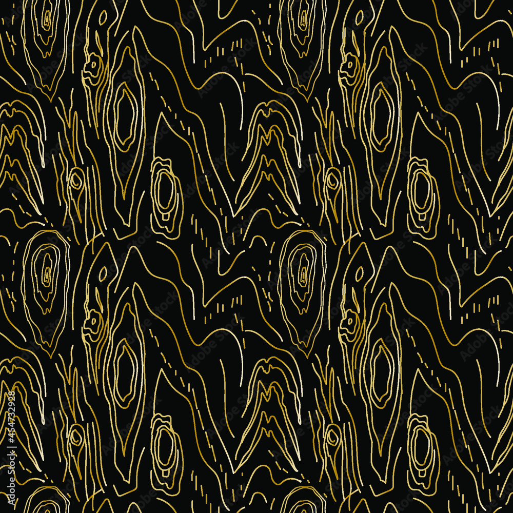 Seamless vector pattern with gold wood texture on black background. Foil Holiday,Modern repeating ornament hand drawn print. Designs for wrapping paper,web,textile,packaging,fabric,social media. Seamless vector pattern with gold wood texture on black background. Foil Holiday,Modern repeating ornament hand drawn print. Designs for wrapping paper,web,textile,packaging,fabric,social media.