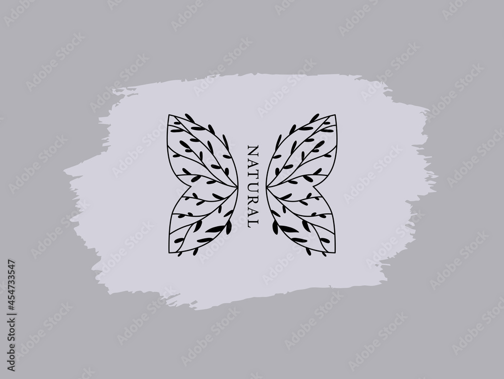 Logo for business in
the field of beauty, health, personal hygiene, make-up artist. Natural and organic cosmetics. Linear floral logo with butterfly wings. Elegant and light picture in pastel colors