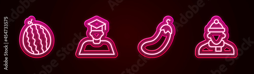 Set line Watermelon, Graduate and graduation cap, Eggplant and Autumn clothes. Glowing neon icon. Vector