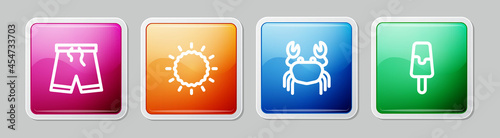 Set line Swimming trunks, Sun, Crab and Ice cream. Colorful square button. Vector
