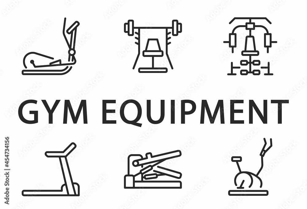 Fitness equipment flat icon set. Vector illustration sport supplies and exercise machines for gym and home. Editable strokes - obrazy, fototapety, plakaty 