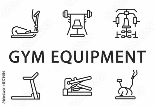 Fitness equipment flat icon set. Vector illustration sport supplies and exercise machines for gym and home. Editable strokes