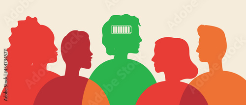 Energetic man in society, silhouette vector stock illustration with battery indicator and emotional burnout as a social problem
