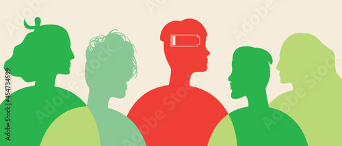 Man without energy in society, silhouette vector stock illustration with battery indicator and emotional burnout in person