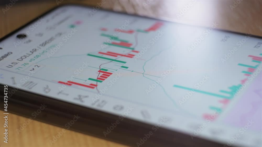 Stocks and indices on the mobile phone screen. Scrolling through the quotes of the US dollar. Japanese candles Stocks and indices on the mobile phone screen. Scrolling through the quotes of the US dollar. Japanese candles