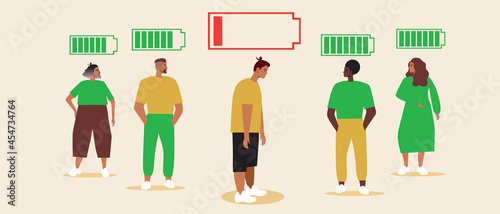 Tired person in society, flat vector stock illustration with battery indicator and emotional burnout, help people