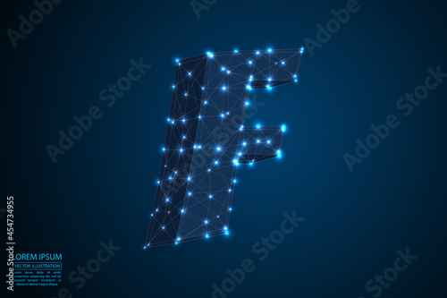 Abstract letters font is made up of triangles, lines, dots and connections. On a dark blue background, stars of the cosmic universe, meteorites, galaxies. Vector illustration eps 10.