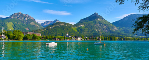Great view of village Strobl above Wolfgang lake in Austrian Alps.