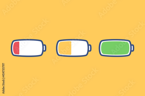 Smart phone battery. No capacity, medium, full battery. Cartoon vector illustration.