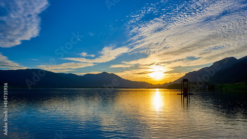 Beautiful sunset on Lake Wolfgang. Austrian Alps, Salzburg region.