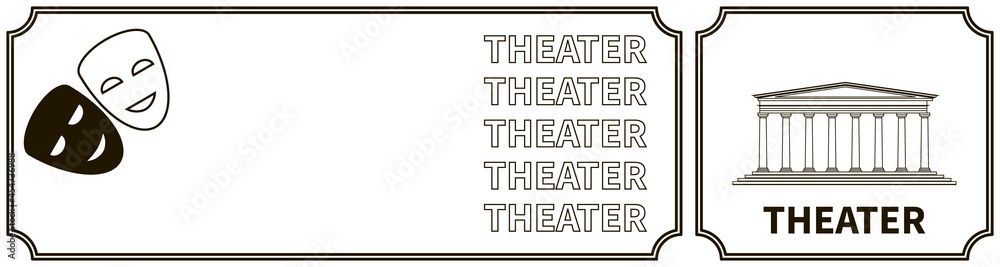 Banner with theater building facade and masks silhouettes. Classic facade with columns. Theatrical black mask and white mask. Architecture and landmark. Linear design. Theater landing page template.