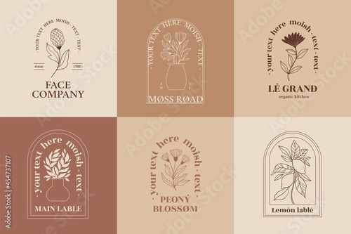 Abstract vector logo design in trendy linear style in ark shape. Line design elements of flowers, leaves, branches, vase, lemon, silhouette. Perfect for your brand: packaging, cosmetic, jewelry, shops