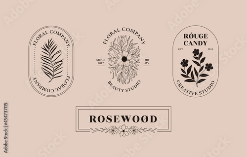 Abstract vector logo design in trendy linear style in oval shape. Line design elements of flowers, leaves, branches, silhouette. Perfect for your brand: packaging, cosmetic, jewelry, shops, magazine