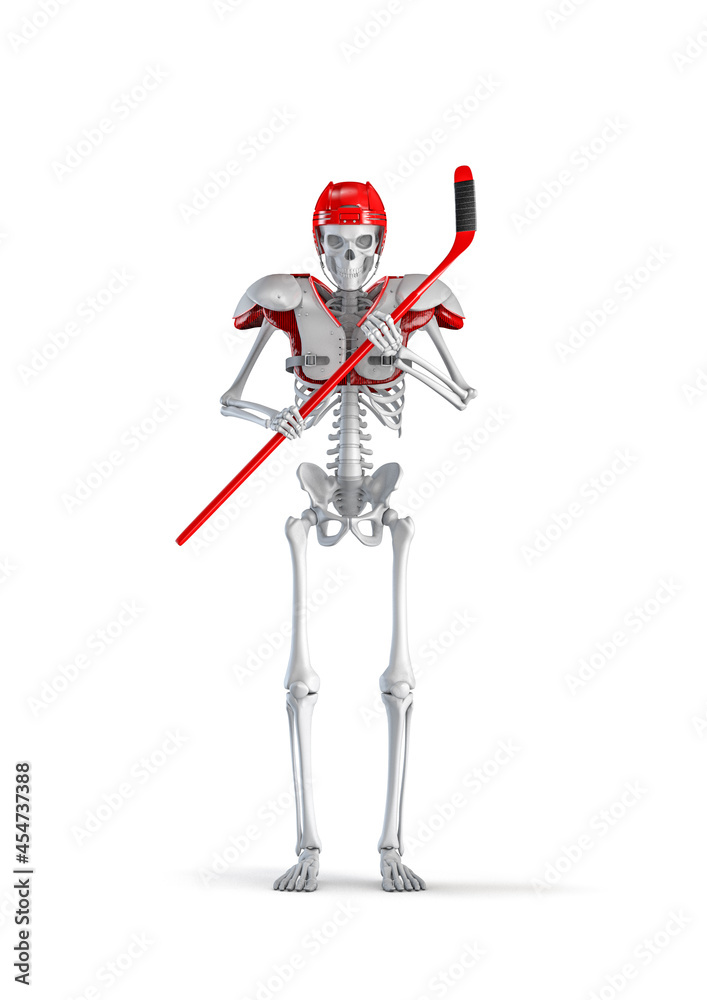 Ice hockey player skeleton - 3D illustration of male human skeleton figure with hockey stick wearing helmet and pads isolated on white studio background Ice hockey player skeleton - 3D illustration of male human skeleton figure with hockey stick wearing helmet and pads isolated on white studio background