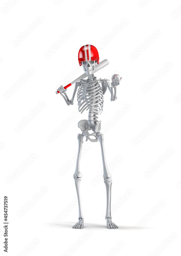 Baseball player skeleton - 3D illustration of male human skeleton figure with bat and baseball wearing helmet isolated on white studio background Baseball player skeleton - 3D illustration of male human skeleton figure with bat and baseball wearing helmet isolated on white studio background