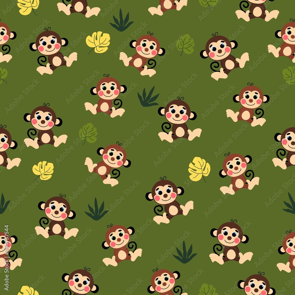 Seamless vector childish pattern with monkeys.