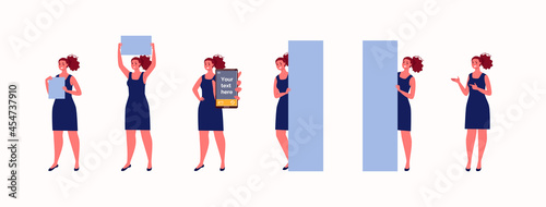 Set of posters place for text in hands of business woman. Woman holds paper, telephone, vertical poster on the floor, on which you can leave note. Vector illustration in flat cartoon style.