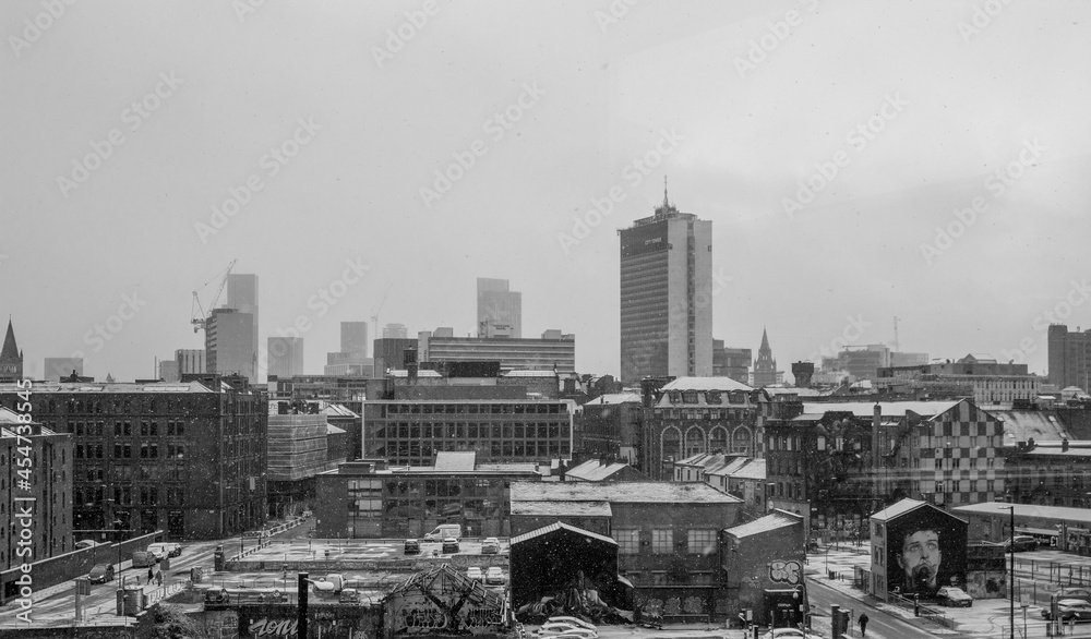Manchester skyline in snow.