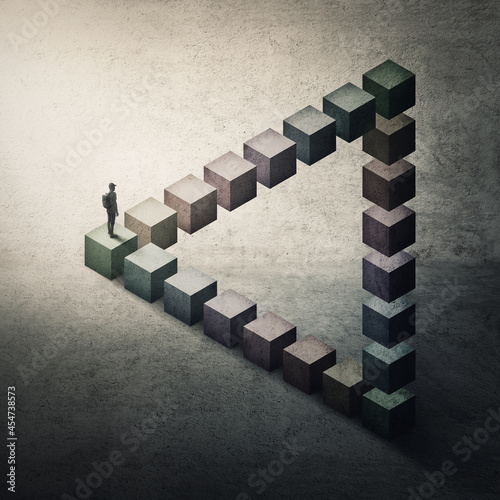Lost and confused man walks puzzled on a impossible triangle shape. Perplexed person looks disoriented ahead, don't know which way to choose. Surreal and conceptual scene, mental maze optical illusion
