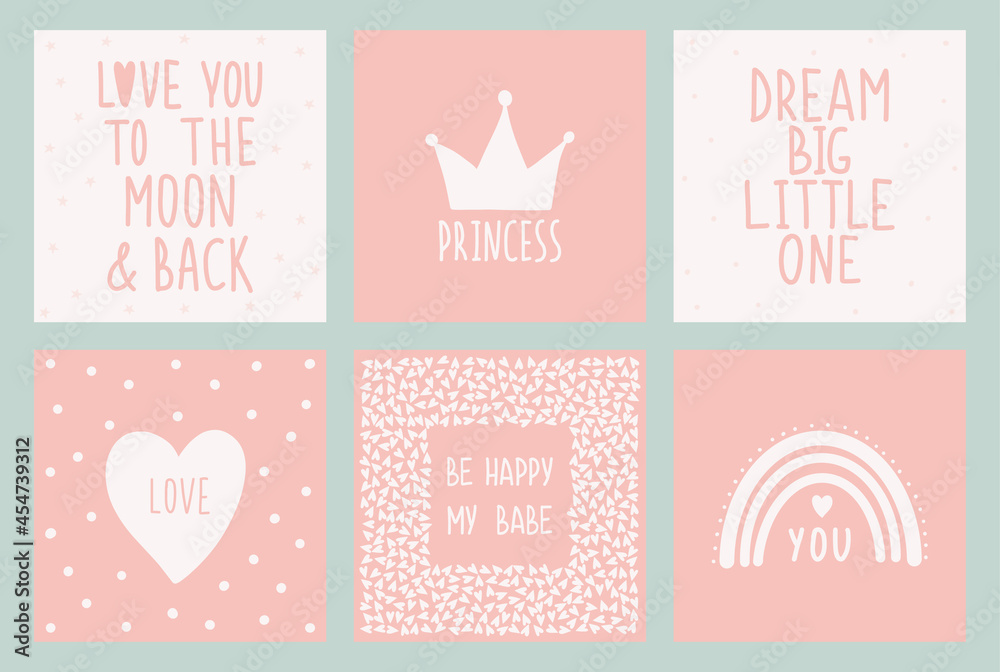 Fototapeta premium Scandinavian style nursery decoration. Cute hand drawn crown, rainbow , heart and lettering. Children's wall pictures for girls. A set of vector illustrations ideal for cards, invitations, posters.