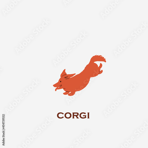 Hand drawn illustration of happy active dog running. Corgi breed.