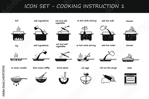 cooking icon set, cooking instruction explain cooking recipes, fry, boil, add ingredients, bake, cut eggs, vector icons isolated on white paper
