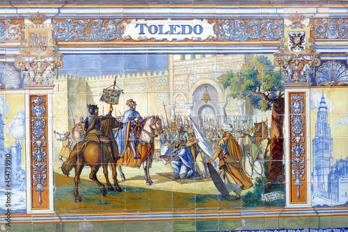 Closeup shot of the exterior wall mosaics of Plaza de Espana in Madrid, Spain photo