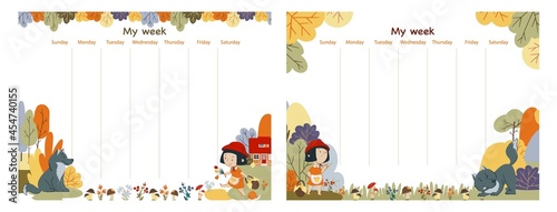 Set of My week schedule pages template. To do list for a week